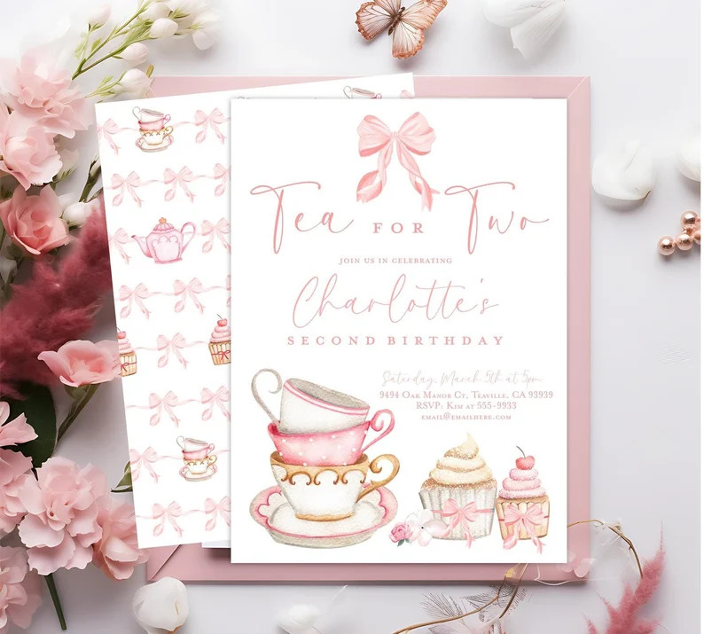 Tea for Two Birthday Party Invitation, Tea Party 2nd Birthday Invitation, Pink Bows Girl Second B... | Etsy (US)