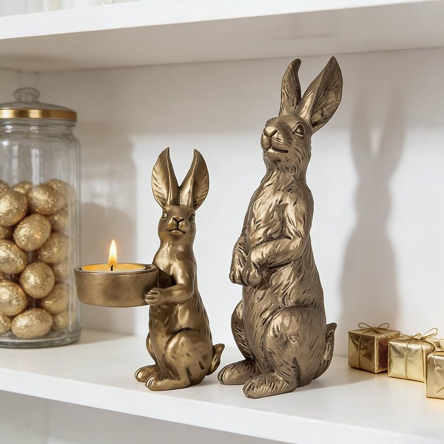 DN DECONATION Golden Easter Bunny Figurines Set of 2, Gilded Resin Rabbit Statue with Tealight Ho... | Amazon (US)