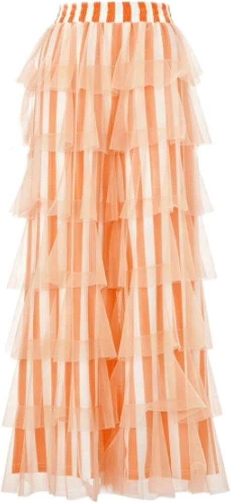 Women's Long Tiered Ruffled Tulle Pants High Waist Stripe Print Layered Mesh Wide Leg Palazzo Pan... | Amazon (US)