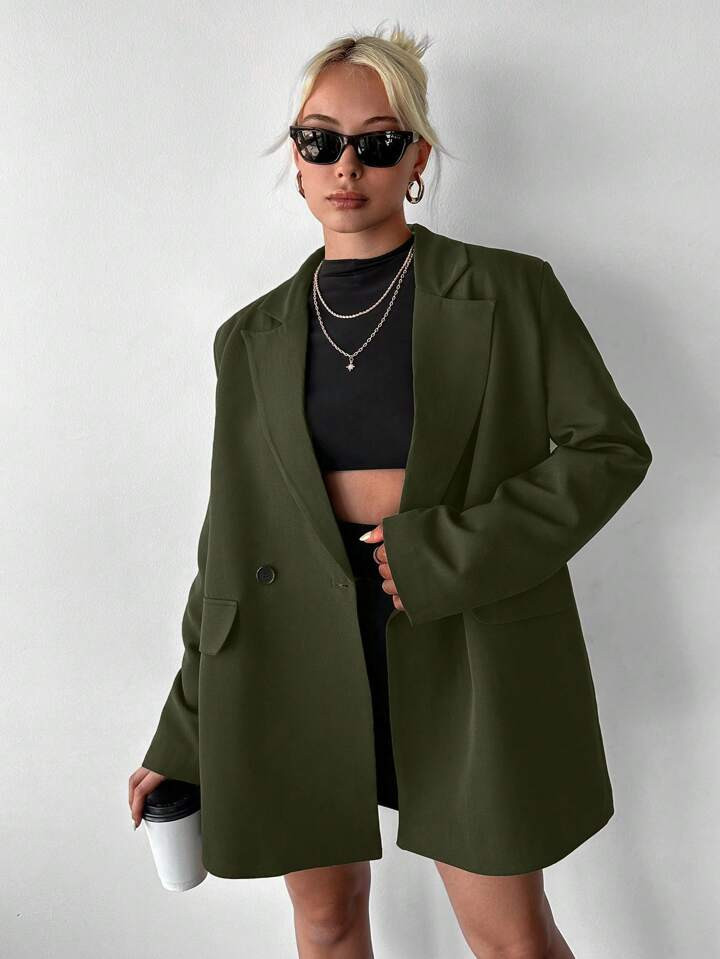 SHEIN Lapel Neck Flap Detail Double Button Blazer | SHEIN