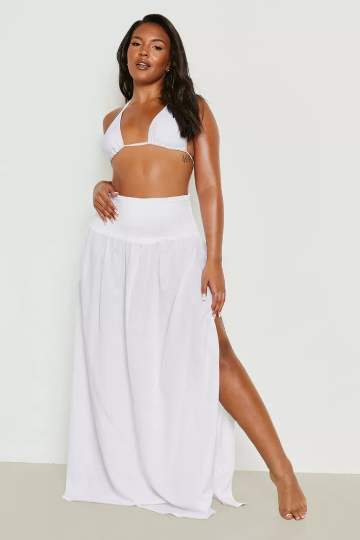 Plus Linen Shirred Maxi Beach Skirt | Boohoo.com (UK & IE)