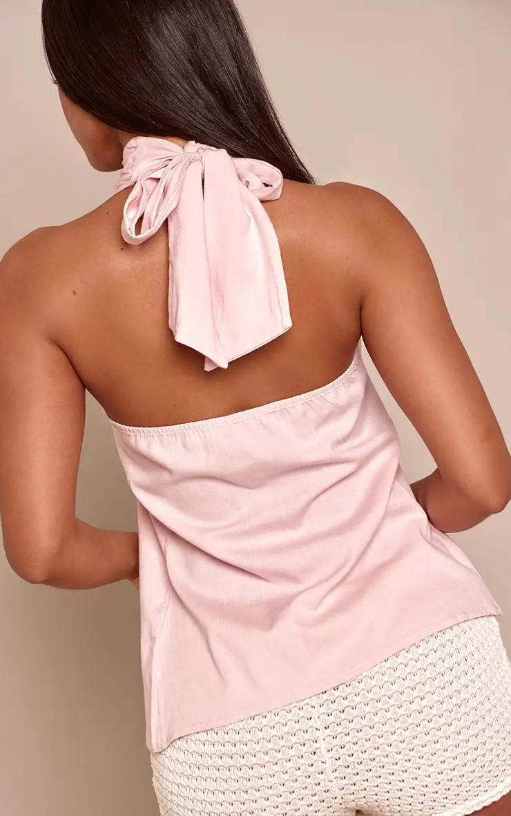 Pink Woven Tie Back Halterneck Top | PrettyLittleThing | PrettyLittleThing UK