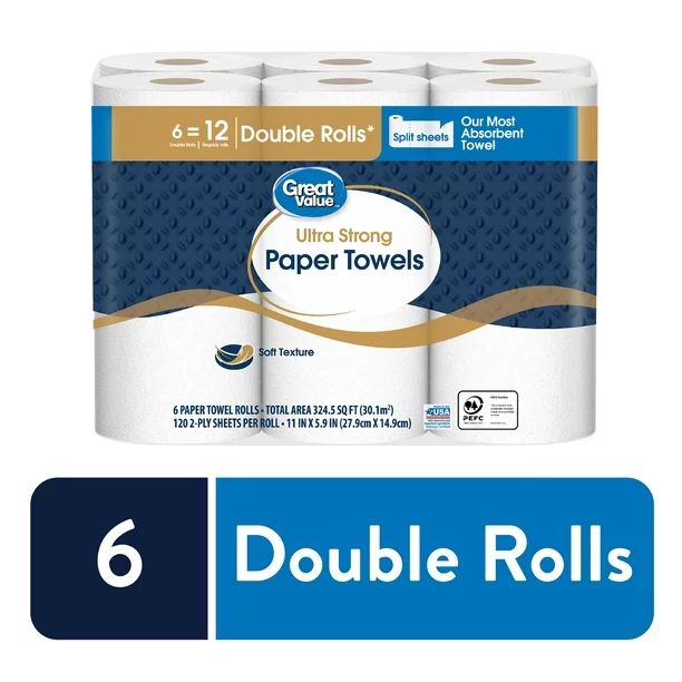 Great Value Ultra Strong Paper Towels, Split Sheets, 6 Double Rolls | Walmart (US)