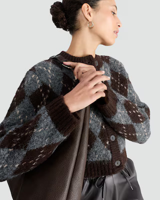 F&F Textured Argyle Button Front Cardigan with Wool in Chocolate | Tesco F&F