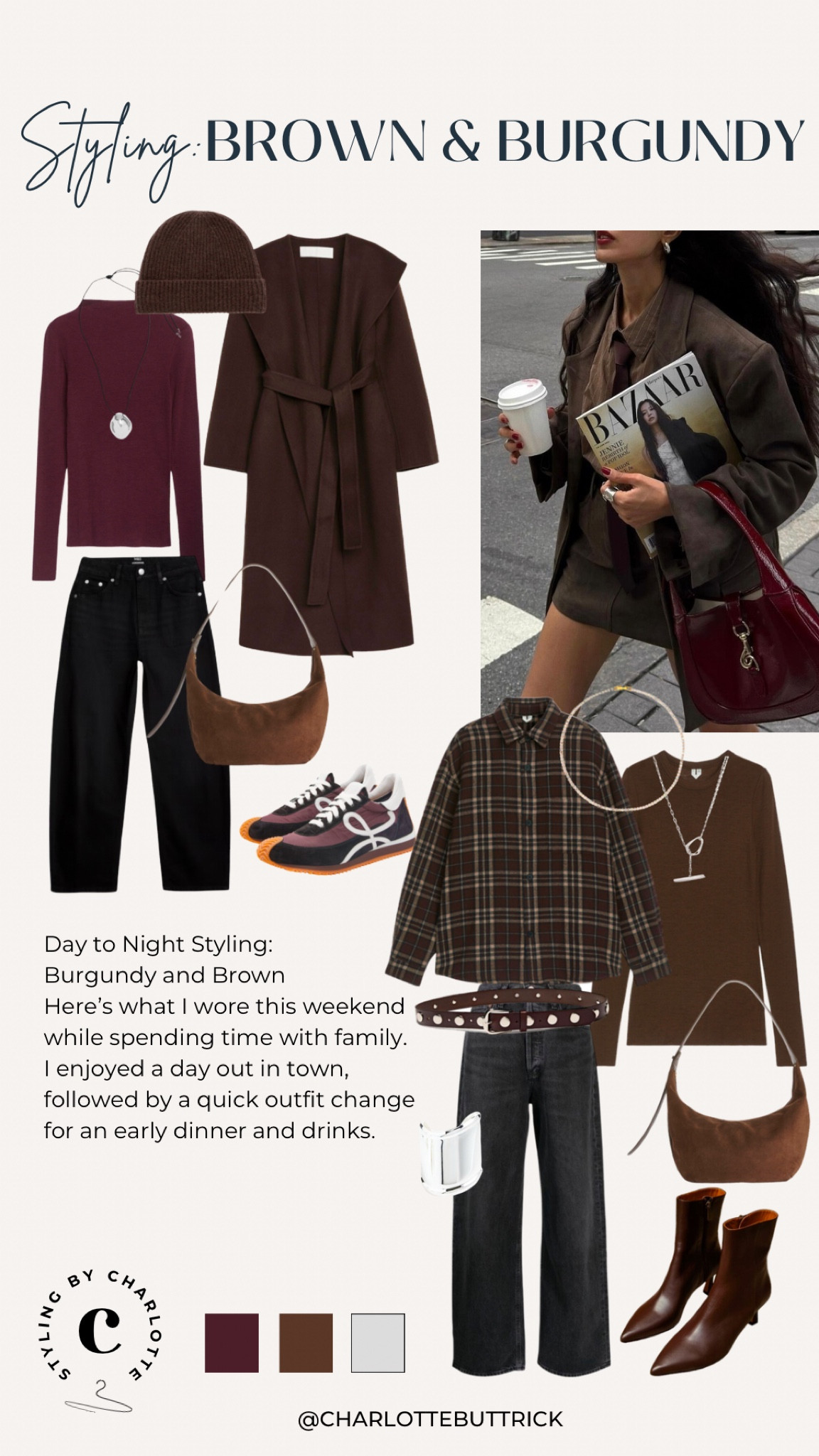 Day to night styling brown and burgundy. Swapping heels for flats and adding another layering component, like a shirt, elevates jeans and a top from daytime to evening 

#LTKuk #LTKeurope #LTKstyletip