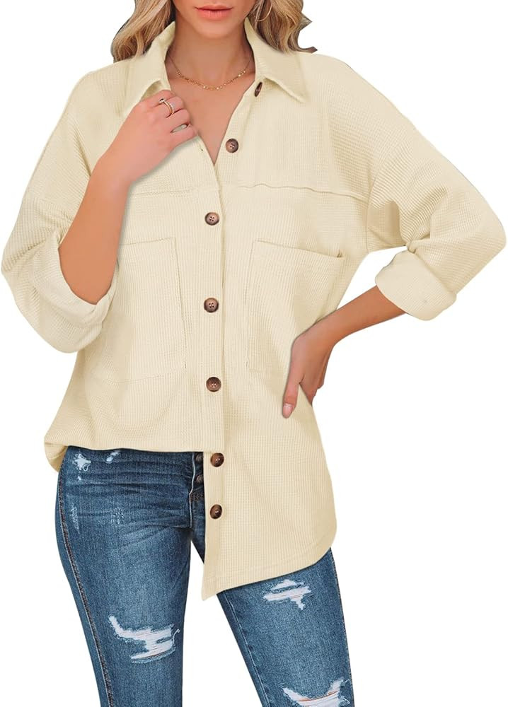 PINKMARCO Women's Loose Fit Batwing Sleeve Waffle Knit Button Down Shirt Shacket Tops | Amazon (US)