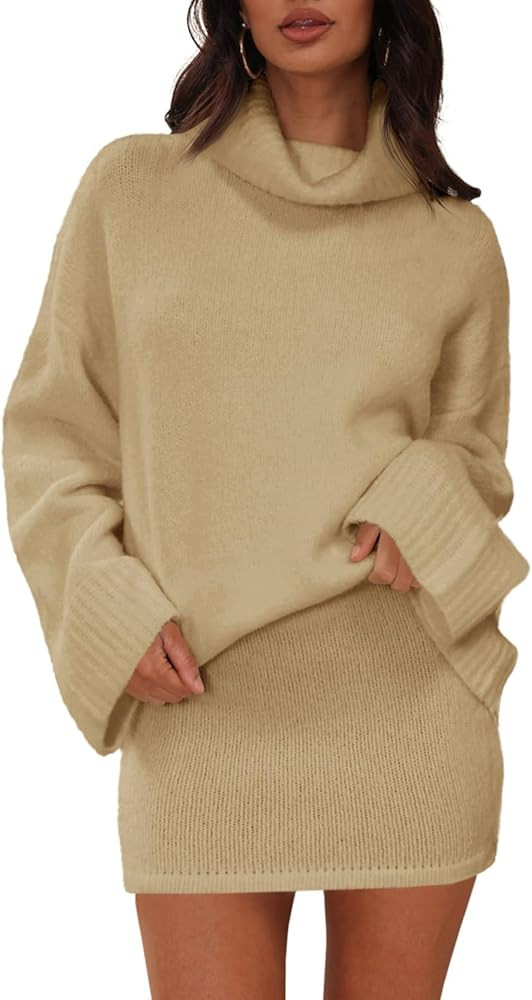 Langwyqu Womens 2 Piece Outfits Sweater Sets Turtleneck Oversized Sweaters and Mini Skirts Fall W... | Amazon (US)