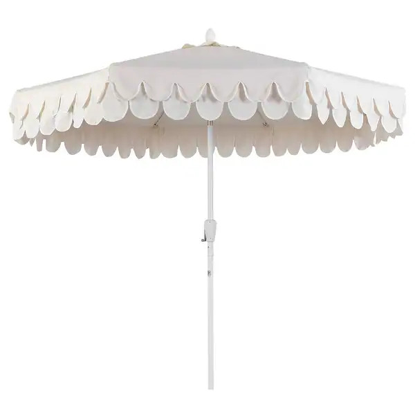Spencer 9 ft. Classic Scalloped Fringe Market Patio Umbrella with Auto-Tilt, Crank, Wind Vent and... | Bed Bath & Beyond