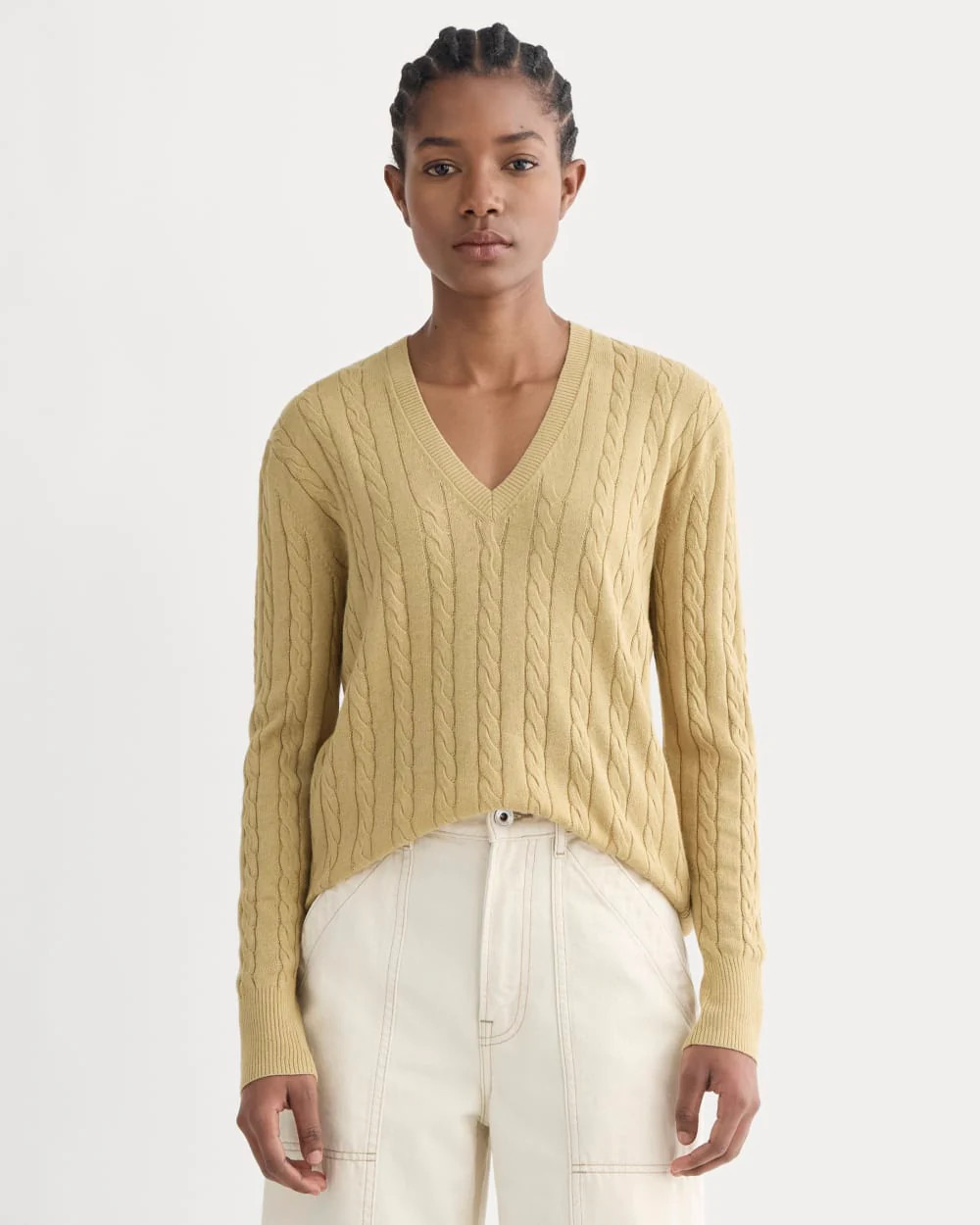 Women's Cable V-Neck in Cotton Cashmere Sweater by Everlane in Classic Khaki, Size XXL | Everlane