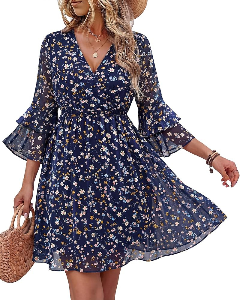 Bebonnie Womens 3/4 Ruffle Sleeve Spring Summer Casual V Neck Flowy Chiffon Layers Dresses | Amazon (US)