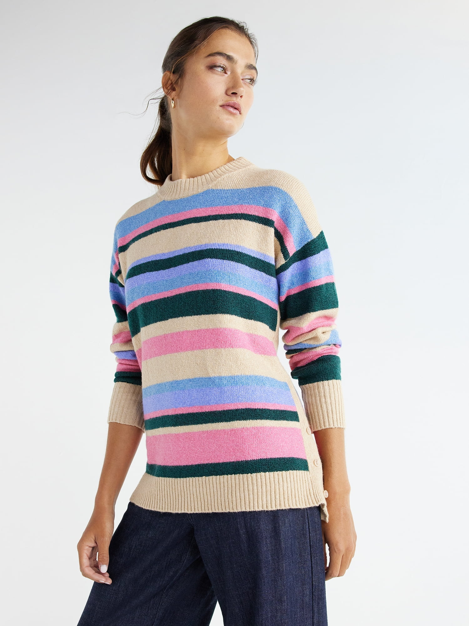 Time and Tru Women's Side Button Crew Neck Sweater, Midweight, Sizes XS-XXXL - Walmart.com | Walmart (US)