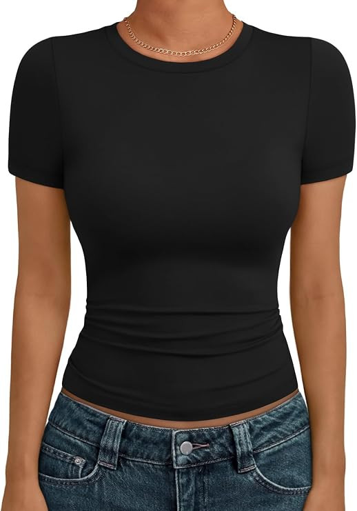 AUTOMET Women's Crewneck Short Sleeve T-Shirt Sexy Slim Fit Basic Going Out Tops | Amazon (US)