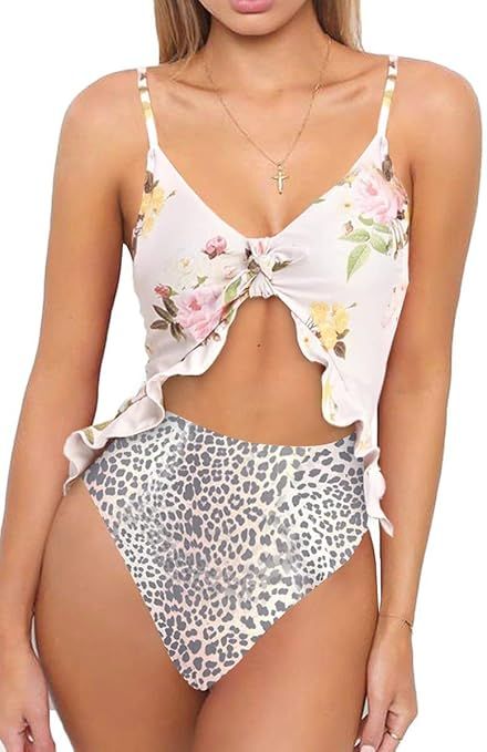 Saodimallsu Womens High Waisted Flounce 2 Piece Swimsuits Sexy Tie Front Lace up Retro Bikini Set... | Amazon (US)