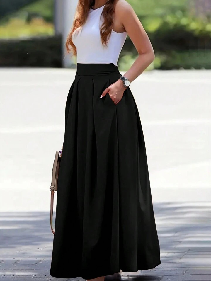 SHEIN Clasi Women's Elegant High-Waisted Pleated Skirt, Spring/Summer Maxi Women Outfit | SHEIN