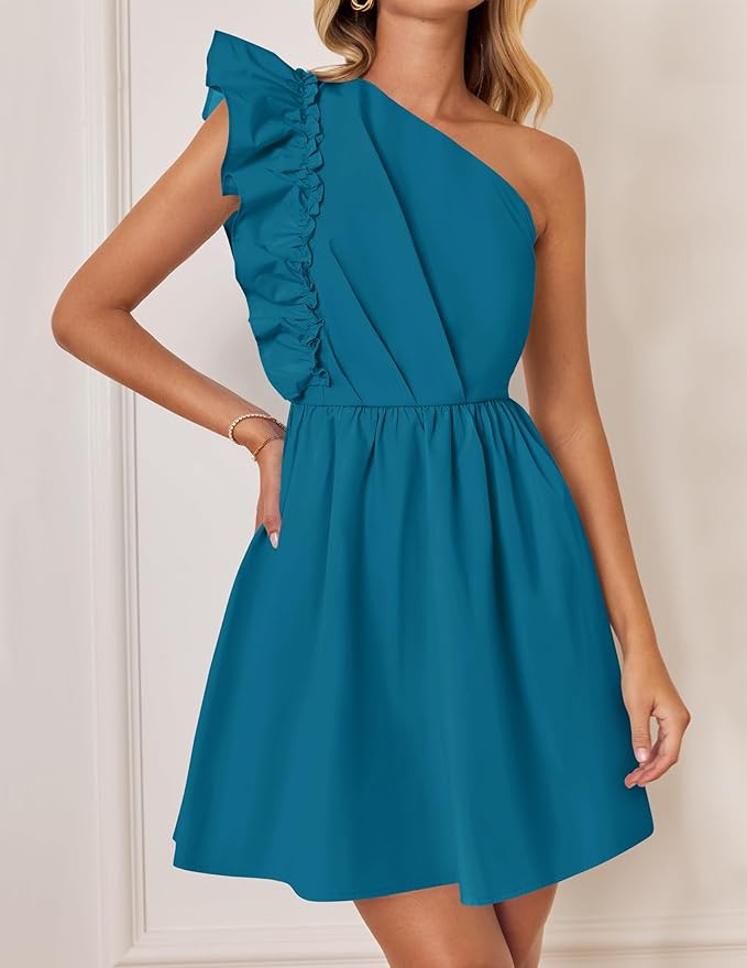 ZESICA Women's Summer One Shoulder Ruffle Dress Boho Sleeveless Elastic High Waist Swing Mini Dre... | Amazon (US)