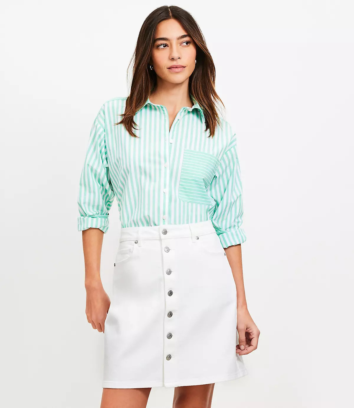 Tall Button Denim Mini Skirt in White | LOFT