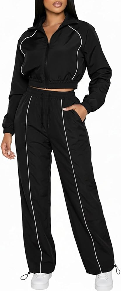 Akmipoem Track Suits for Women Set 2 Piece Zip Up Cropped Windbreaker Jacket and High Waisted Wid... | Amazon (US)