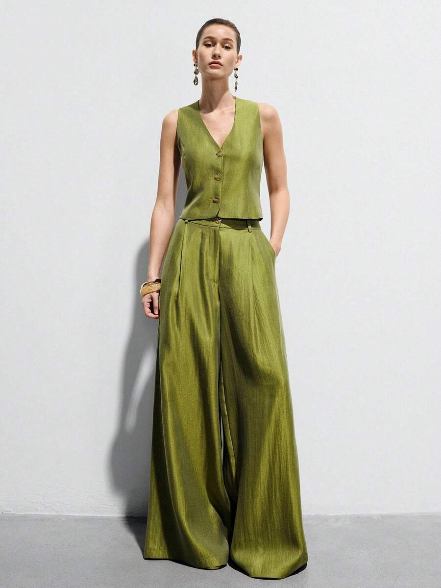 Aveloria Modichic Olive Green Satin Sleeveless Tailored Vest And High-Waisted Wide-Leg Pants Suit... | SHEIN