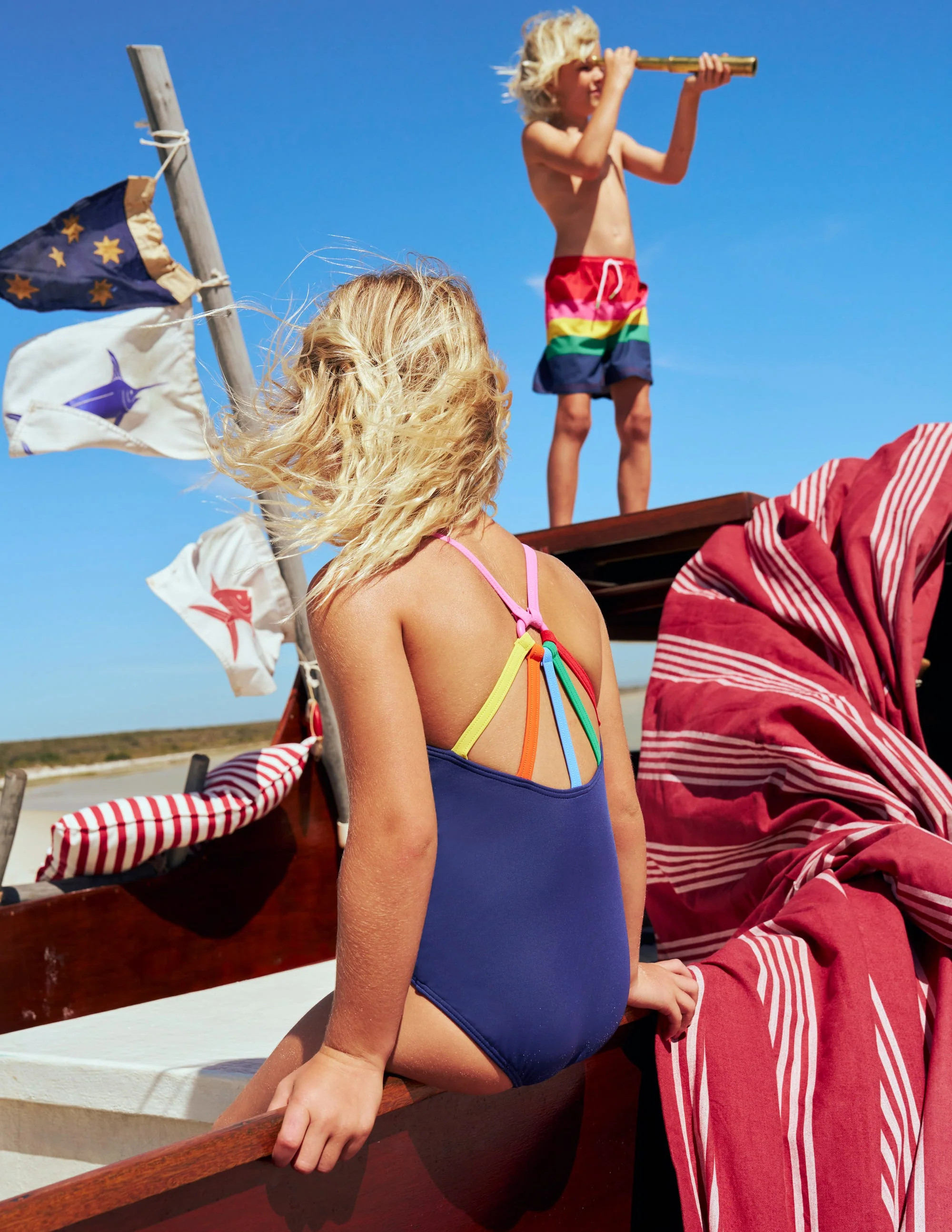 Selena Rainbow Strap Swimsuit-College Navy | Boden UK