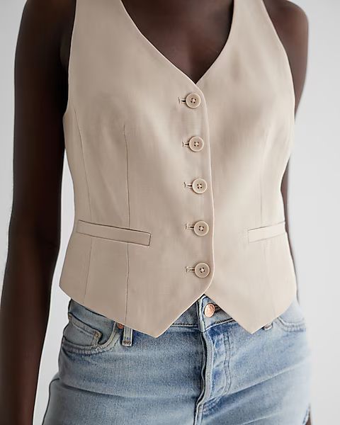 Linen-Blend Button Front Blazer Vest | Express