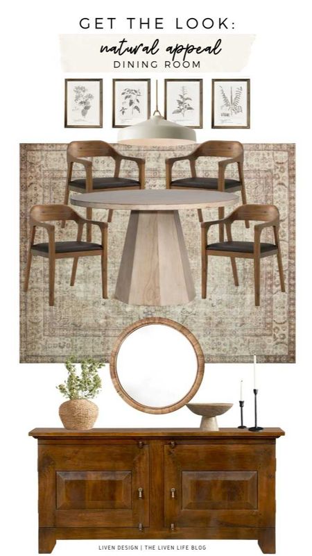 Dining room. Pedestal dining table. modern mid century dining chair. Botanical art. distressed traditional rug. Home decor. white pendant. Dome pendant. sideboard. buffet. Woven wall mirror. Taper candle holders. 

#LTKSeasonal #LTKhome #LTKstyletip