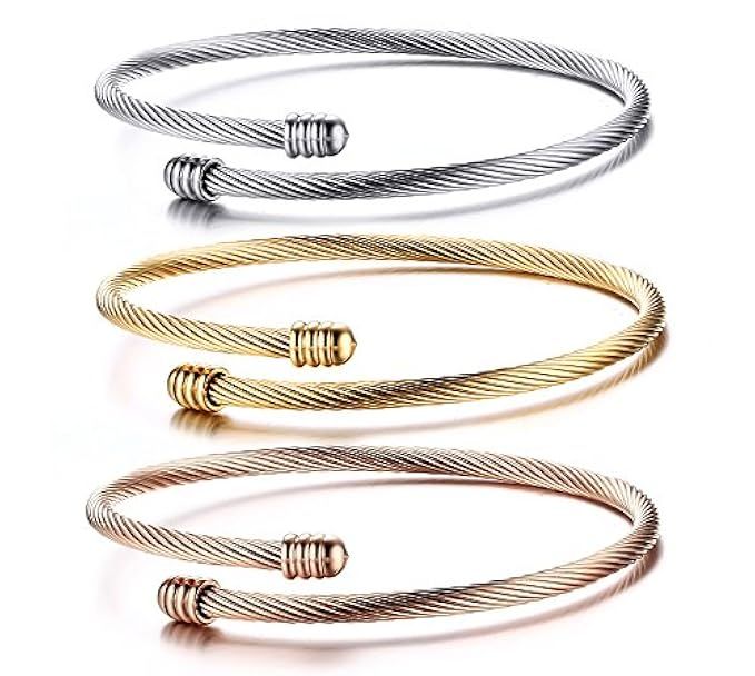 HUANIAN Stainless Steel Triple 3 Stackable Cable Wire Twisted Cuff Bangle Bracelet for Women, Gold/r | Amazon (US)