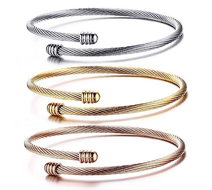 HUANIAN Stainless Steel Triple 3 Stackable Cable Wire Twisted Cuff Bangle Bracelet for Women, Gold/r | Amazon (US)