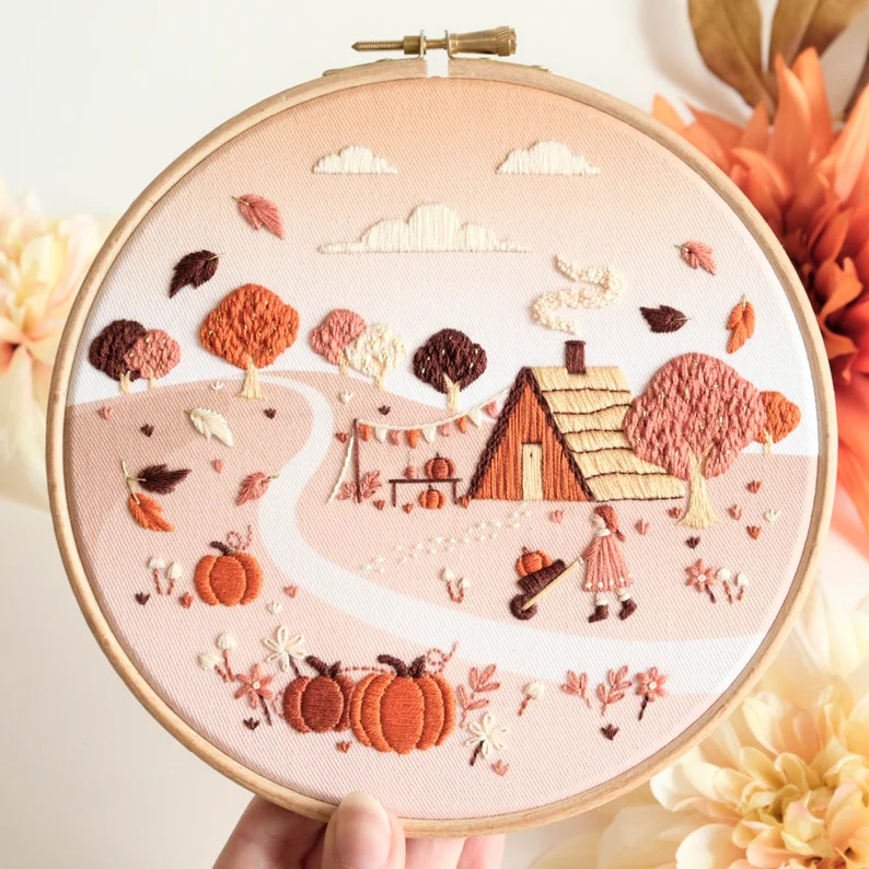 Autumn Cabin Embroidery Kit: 7" Pumpkin & Hygge Theme DIY Decor - Etsy | Etsy (US)
