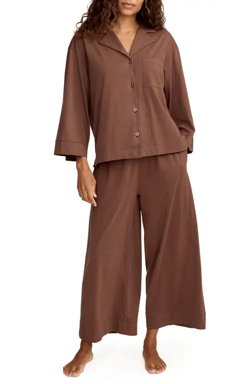 Petite Plume Olivia Wide Leg Pima Cotton Pajamas in Brown at Nordstrom, Size Large | Nordstrom