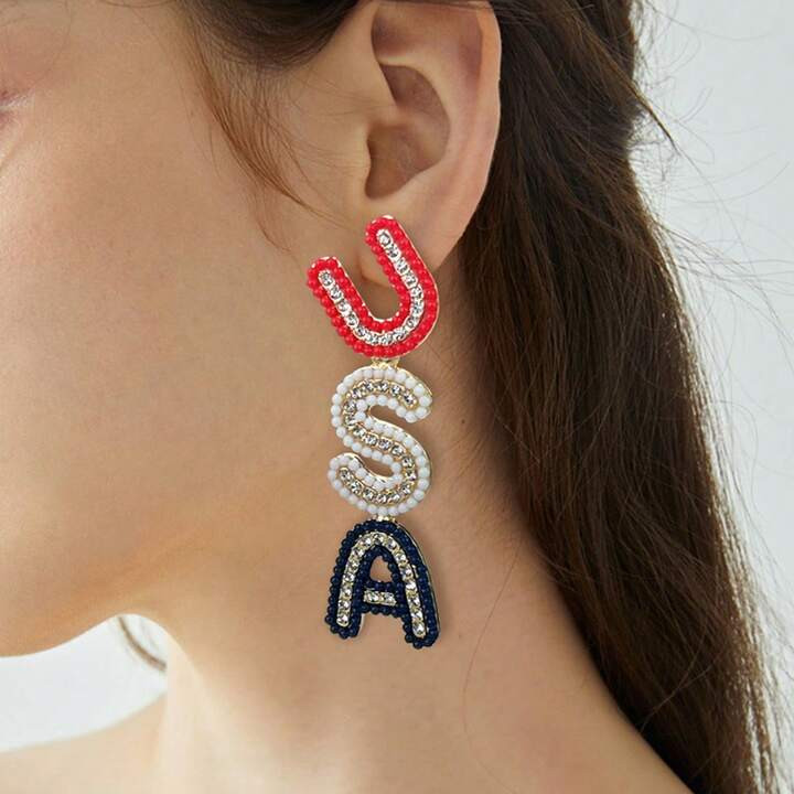Handmade USA Letter Beaded Earrings Bohemian Vintage Style American Independence Day Statement Je... | SHEIN