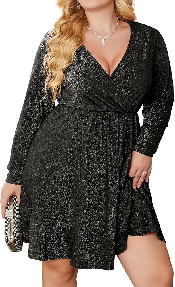 Zeagoo Plus Size Womens Glitter Dress V Neck Long Sleeve Ruffle Hem Swing Club Cocktail Party Dre... | Amazon (CA)