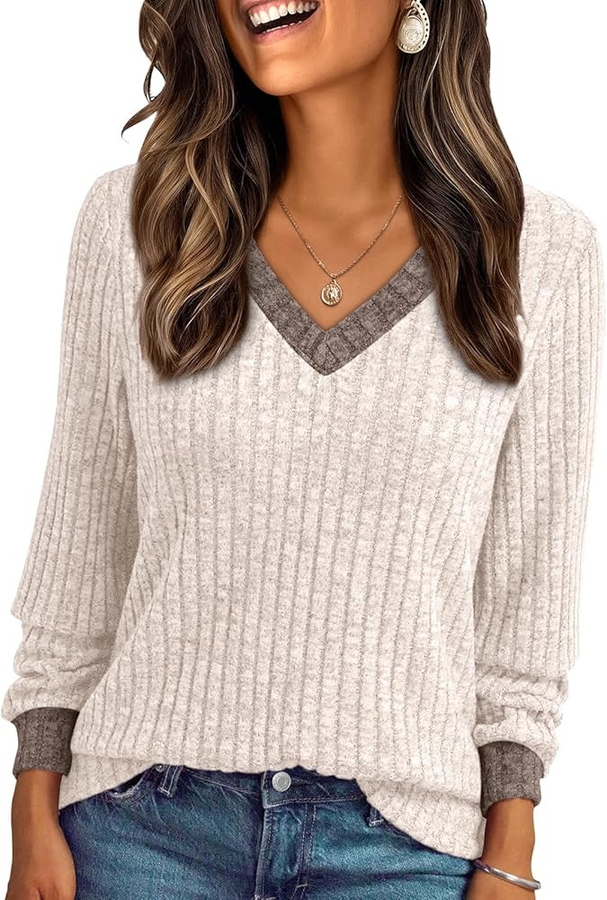 AUTOMET Womens V Neck Long Sleeve Shirt Fall Fashion Tops Tunic Dressy Casual Sweater Clothes Cut... | Amazon (US)