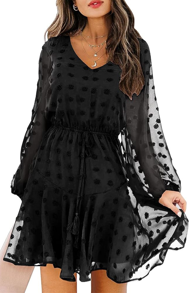 KIRUNDO Women's Long Sleeves V Neck Flowy Swiss Dot High Waist Chiffon Casual Mini Dress with Bel... | Amazon (US)