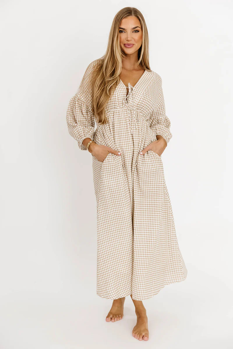 Hunter 100% Cotton Midi Dress in Natural Plaid - Bump Friendly | Worth Collective