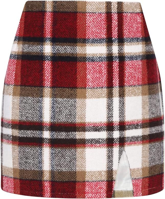 Plaid Mini Skirts for Womens High Waisted Fall Winter Wool Bodycon Pencil Skirts with Slit | Amazon (US)