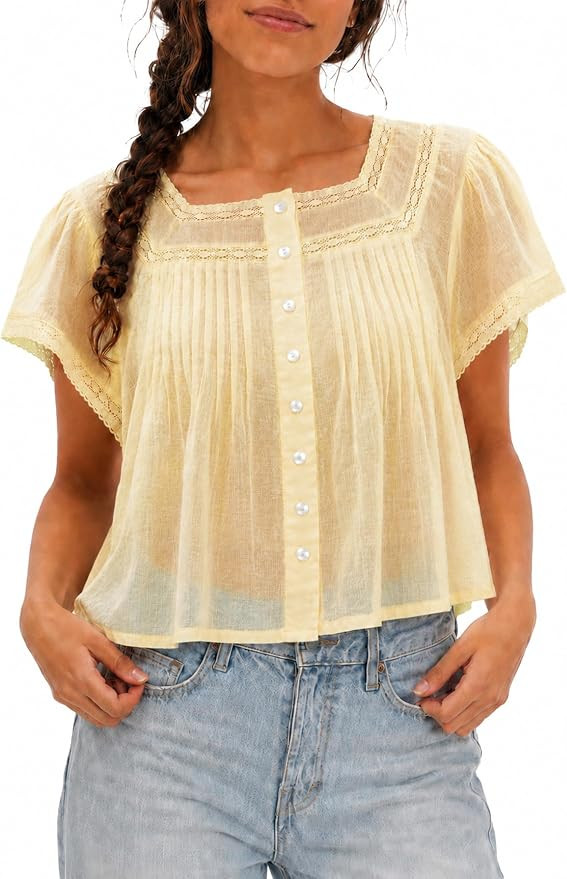 Boho Tops for Women 100% Cotton Lace Babydoll Tops Square Ruffled Flutter Sleeve Button Down Shir... | Amazon (US)