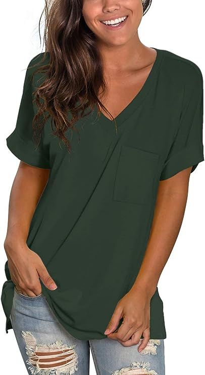 SAMPEEL Women's Basic V Neck T Shirt Tops with Pocket Rolled Sleeve Tunic Tees | Amazon (US)