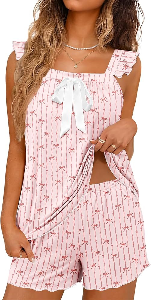 Ekouaer Womens Pajamas Sets 2 Piece Ruffle Bow Tank Top and Shorts Pjs Soft Bridal Pajama Cute Sl... | Amazon (US)