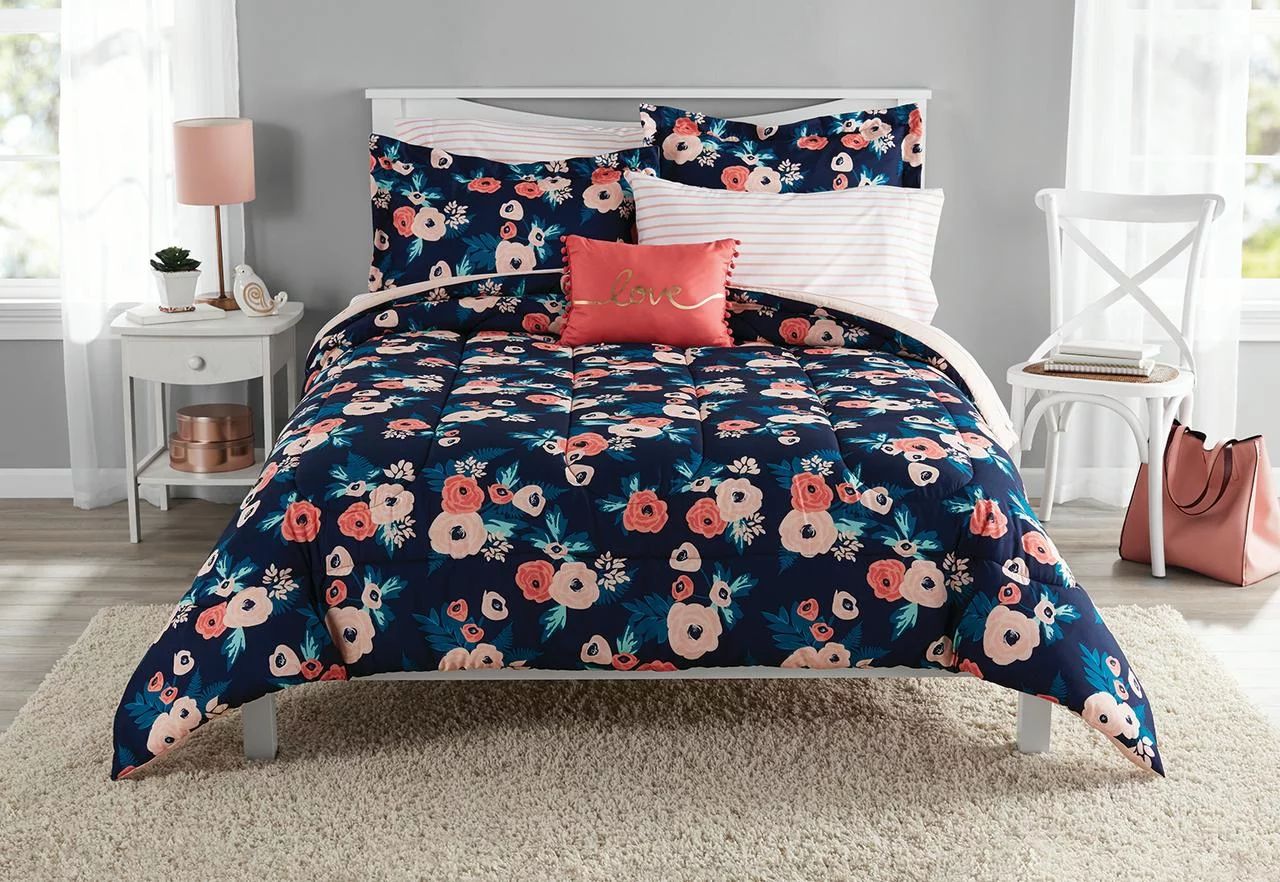 Mainstays Pink Floral 8 Piece Bed in a Bag Comforter Set With Sheets, Full | Walmart (US)