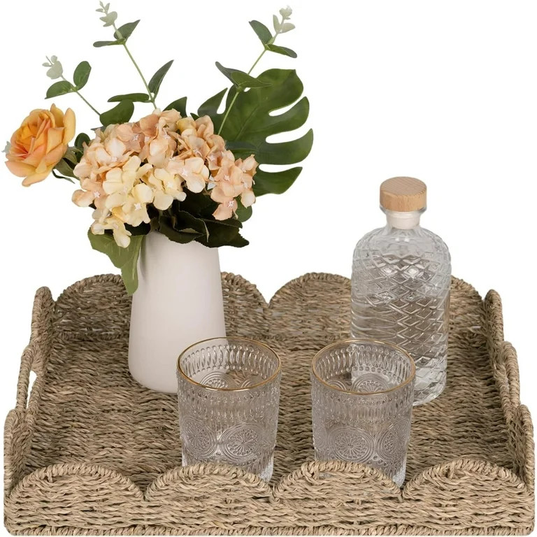 Scalloped Tray, Wicker Rattan Serving Tray with Handles, Woven Rectangle Seagrass Tray, Scalloped... | Walmart (US)