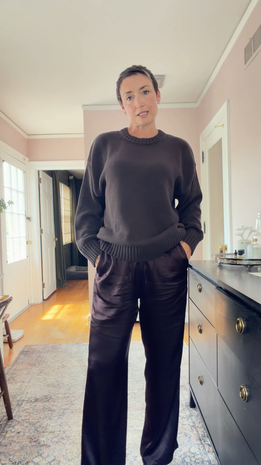 I have been on the hunt for a pair of silk pants that don’t cost a fortune and these ones are perfect!  I had hoped that the brown sweater and brown pants would work together, but after trying them on I’m not sure I would wear these two as an outfit. 
Wearing a Medium sweater and Medium pants. 
Shoes are old J. Crew. ￼

#LTKOver40