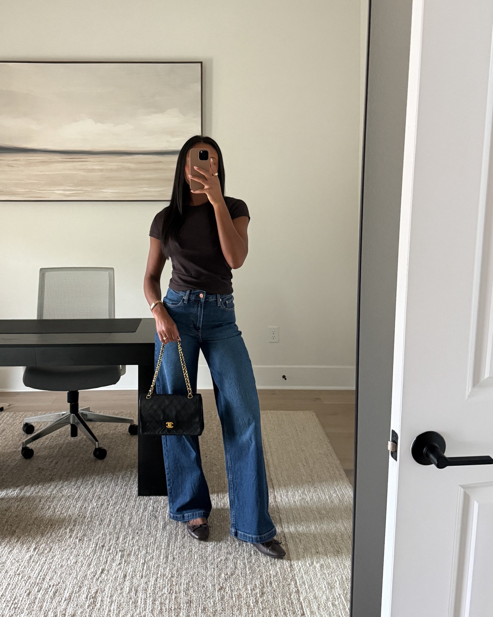 Casual outfit of the day | modern rib t-shirt, brown top, high rise wide-leg jeans, brown ballet flats outfit, casual chanel bag outfit 

#LTKgrwm #LTKootd