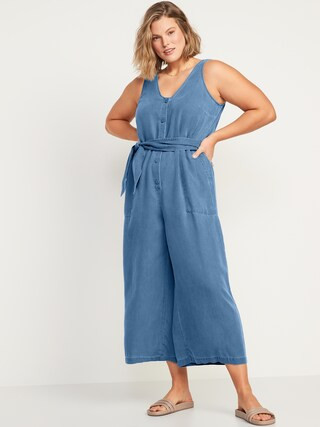 Sleeveless Voop-Neck Waist-Defined Jumpsuit for Women | Old Navy (US)