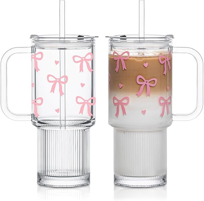 INSETLAN 26oz Cute Pink Bow Glass Cup with Lid and Straw, Girly Preppy Aesthetic Glass Tumbler wi... | Amazon (US)