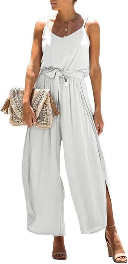 Happy Sailed Jumpsuits for Women Casual Loose Spaghetti Strap Wide Leg Split Belted Jumpsuit Long... | Amazon (US)