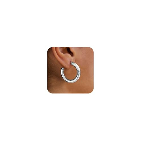 HEVOCY Thick Silver Hoop Earrings: Sterling Silver Plated Chunky Earrings for Women Hypoallergenic Lightweight Small Hollow Tube Hoop Earrings Simple Jewelry 30MM | Amazon (US)