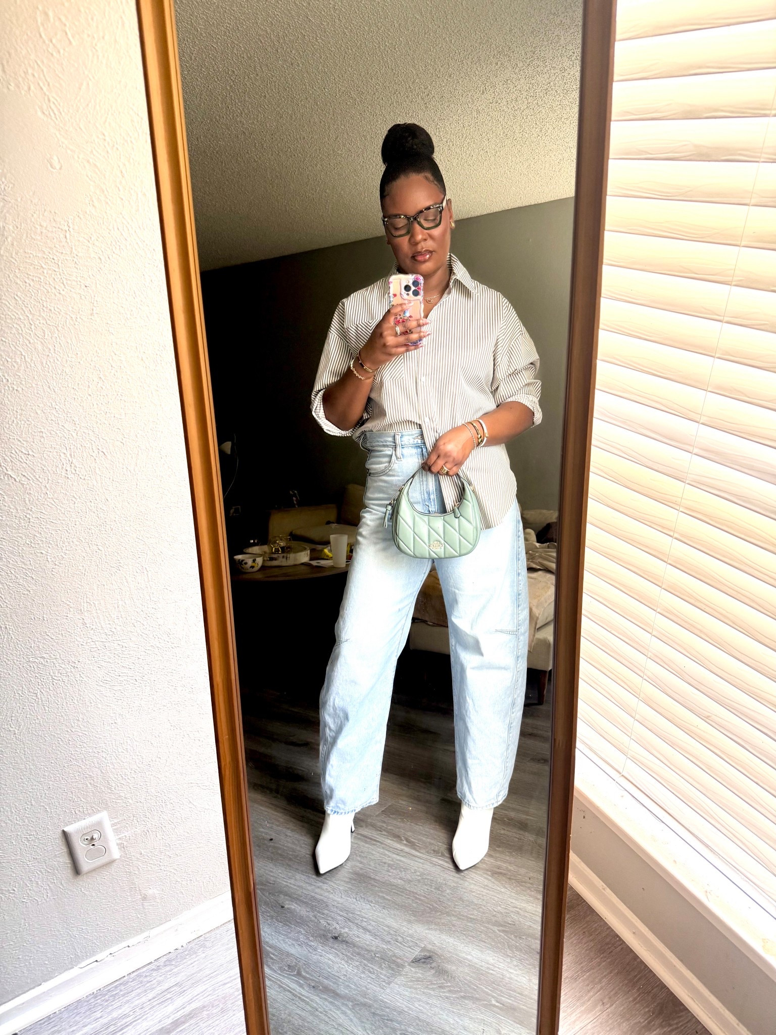 Barrel leg jeans and casual lunch date outfit . Jeffery Campbell boots , coach purse . Date night outfit , casual ootd 

#LTKOver40 #LTKTall #LTKootd