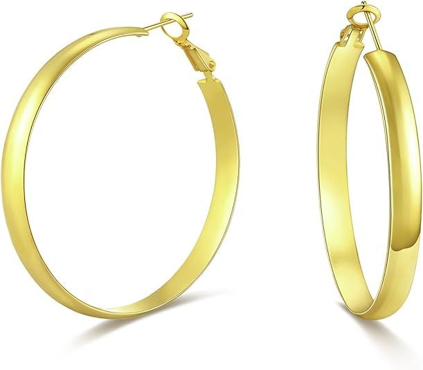 WOWSHOW 5mm Thick Flat Edge Gold Hoop Earrings Stainless for Women Girls 30mm-70mm | Amazon (US)