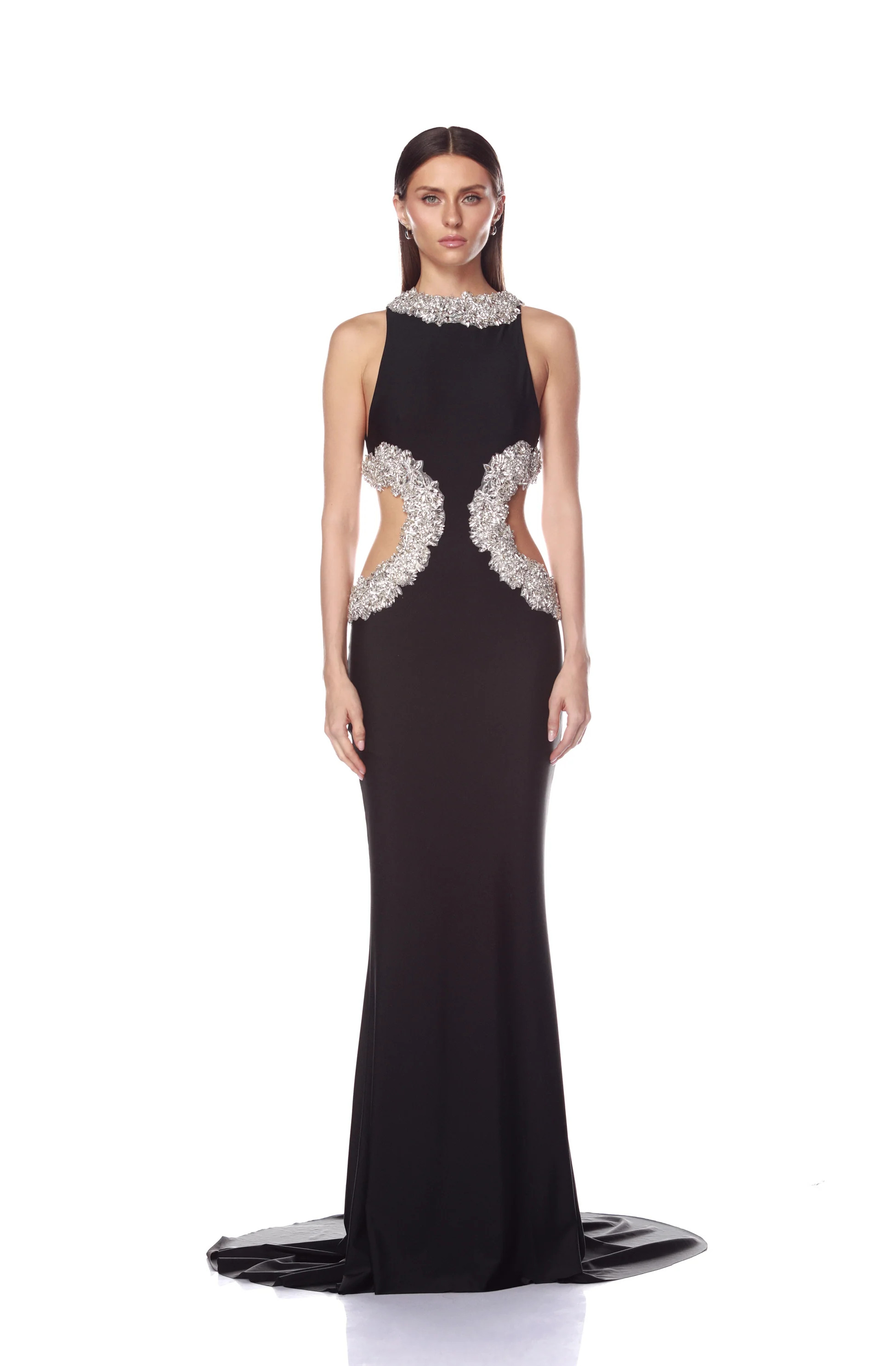 Camila Black Rhinestone Cutout Gown | Bronx and Banco