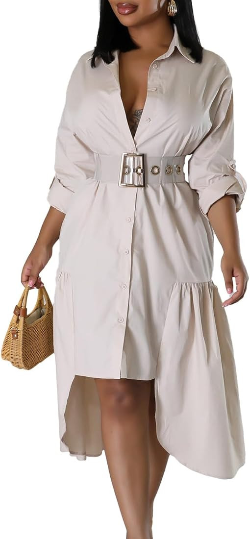 Women's Fashion Button Down Shirt Dress Casual Lapel Long Sleeve High Waist Irregular Hem Midi Pa... | Amazon (US)